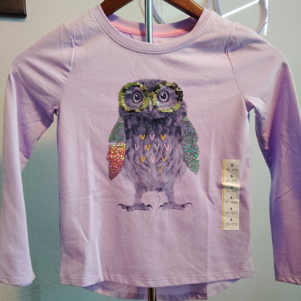 New Long Sleeve Purple size 6 small girl shirt with color changing decals on owl